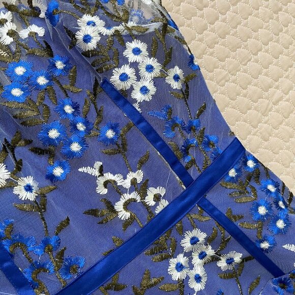 NWT $498 BRONX & BANCO Blue & White Floral Embroidered Mesh Cocktail Dress L 8 - Picture 10 of 12